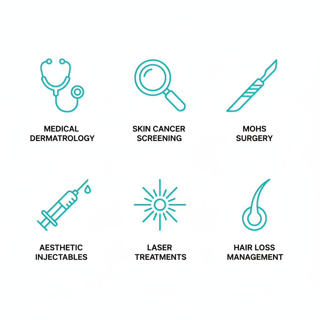 Grid of six icons depicting dermatology services: medical dermatology with stethoscope, skin cancer screening with magnifying glass, Mohs surgery with scalpel, aesthetic injectables with syringe, laser treatments with laser beam, hair loss management with hair strand.