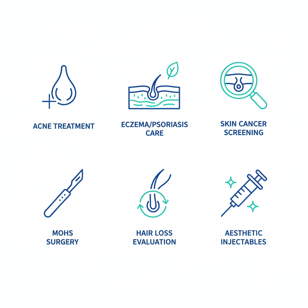 Grid of six icons depicting key dermatology services including acne treatment, eczema care, skin cancer screening, Mohs surgery, hair loss evaluation, and aesthetic injectables.