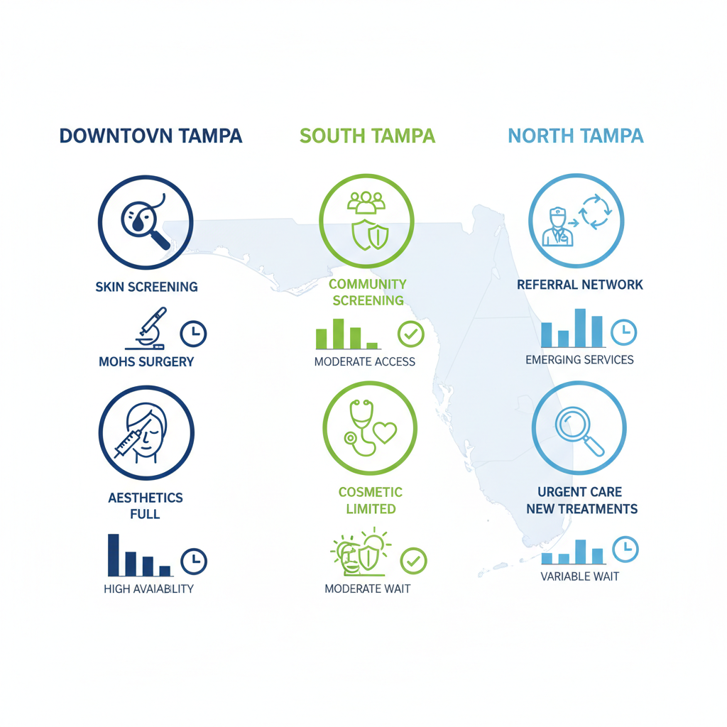 Infographic comparing dermatology services availability in Tampa neighborhoods: Downtown high, South moderate, North emerging with icons for screening, surgery, and aesthetics.
