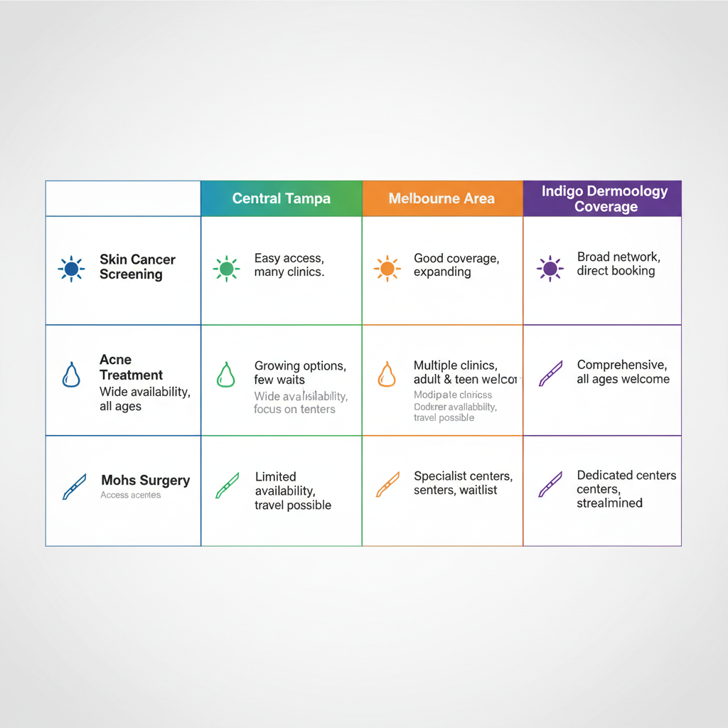 Infographic comparing dermatology services availability across Tampa areas: Central Tampa, Palm Bay, Melbourne, and Indigo Dermatology coverage for skin cancer screening, acne treatment, and Mohs surgery.