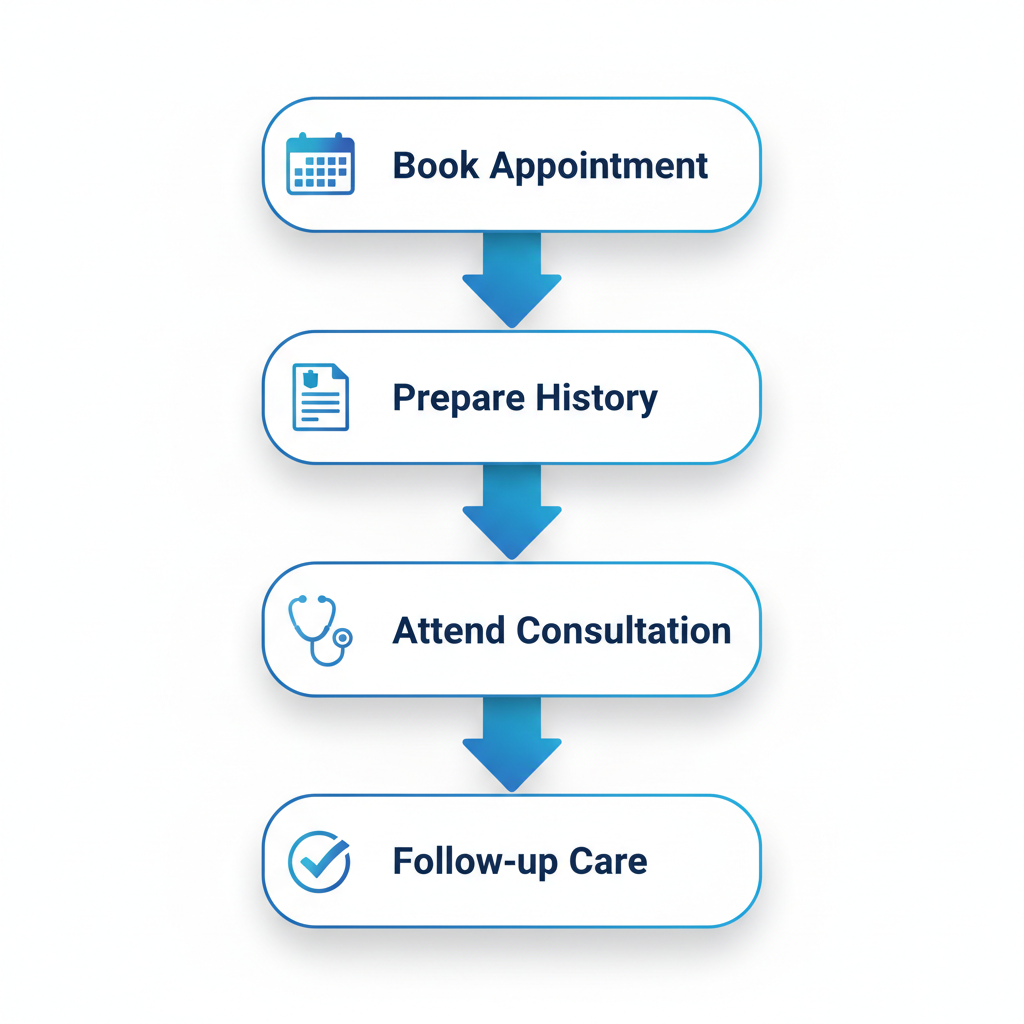 Vertical process flow diagram illustrating four steps to start dermatology care with icons and labels.