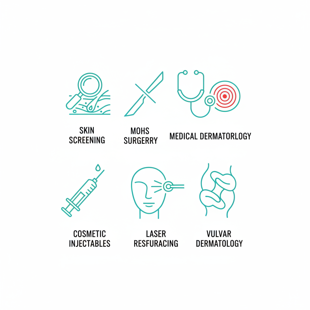 Grid of icons depicting key dermatology services: skin cancer screening, Mohs surgery, medical dermatology, cosmetic injectables, laser resurfacing, and vulvar dermatology.
