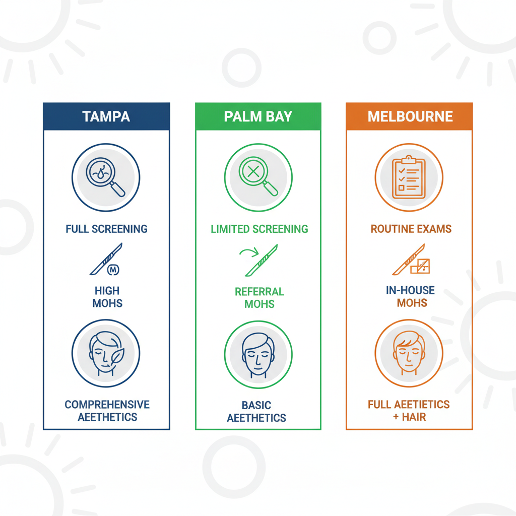 Infographic comparing dermatology services in Tampa Bay regions: Tampa, Palm Bay, and Melbourne.
