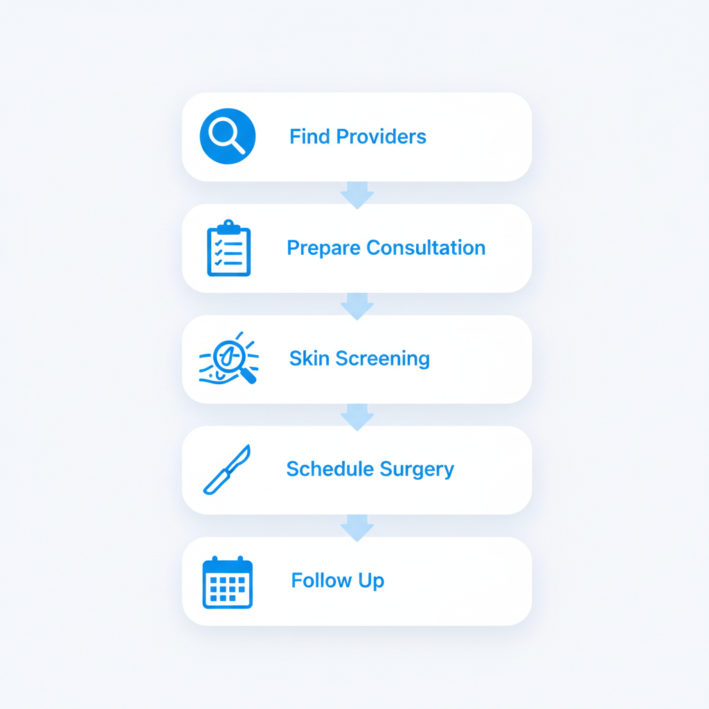 Vertical process flow diagram showing five steps to begin dermatology care in Tampa with icons and minimal labels.