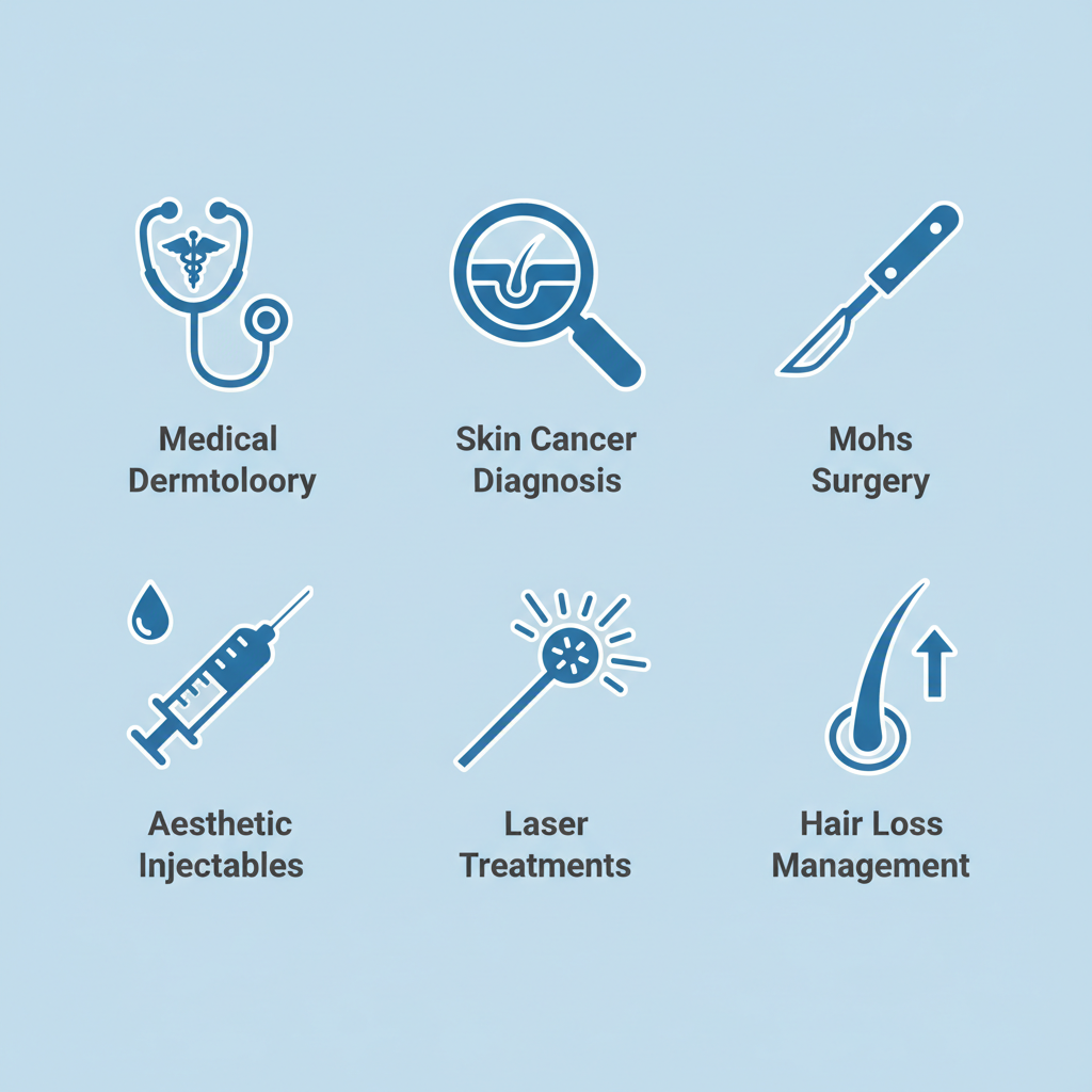 Grid of six flat icons depicting dermatology services: medical exam, skin cancer check, precision surgery, injectables, laser therapy, and hair care.