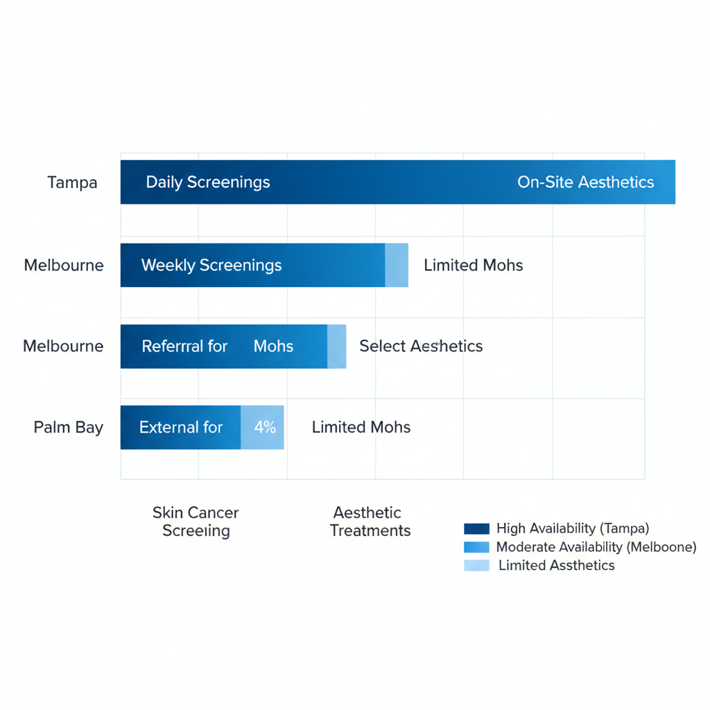 Horizontal bar chart comparing dermatology services availability in Indigo Dermatology clinics: Tampa, Melbourne, and Palm Bay
