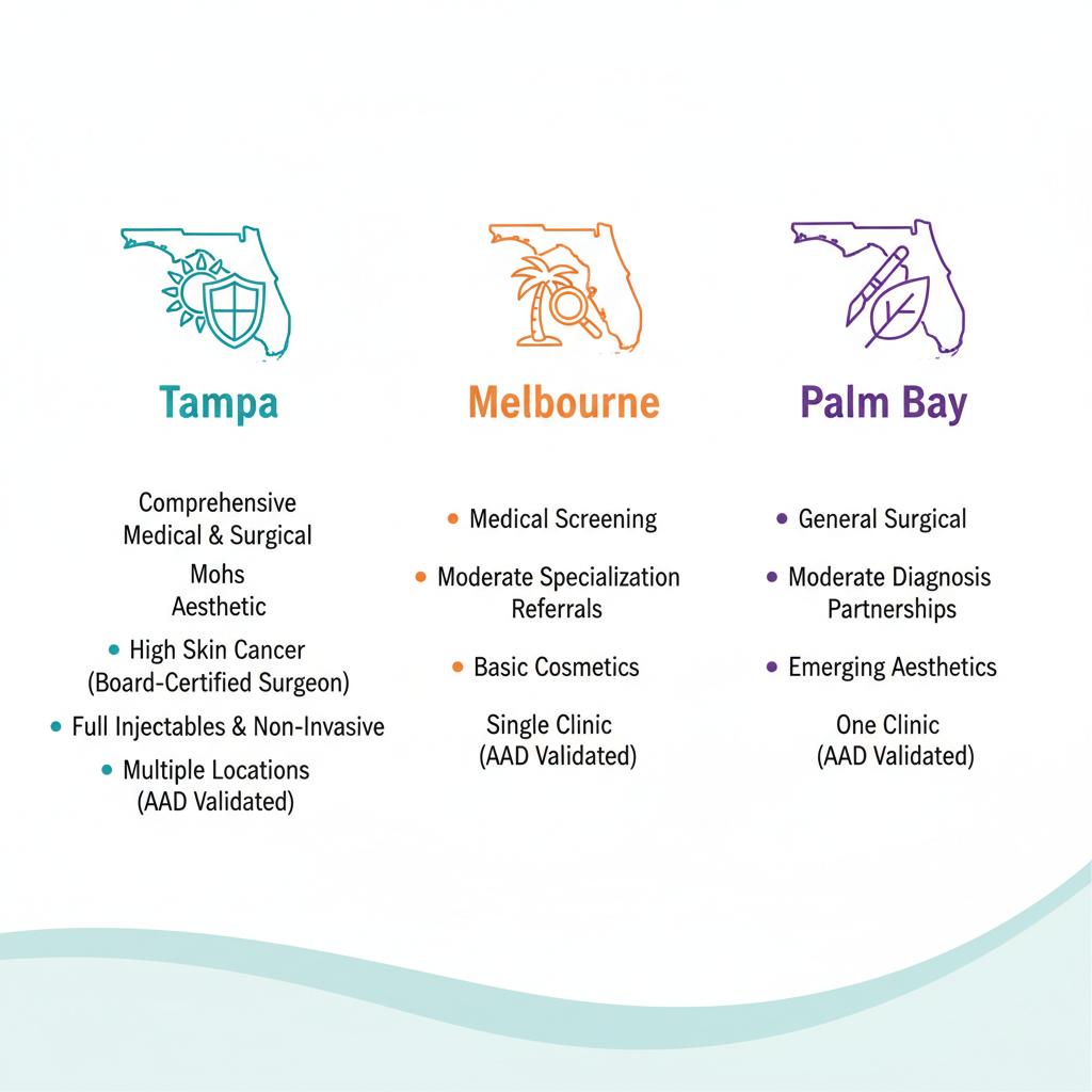 Infographic comparing dermatology services in Tampa, Melbourne, and Palm Bay areas of Central Florida