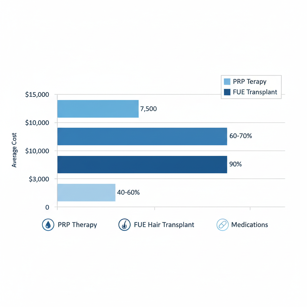 Horizontal bar chart comparing costs and effectiveness of PRP therapy, FUE hair transplant, and medications for hair restoration in Tampa area