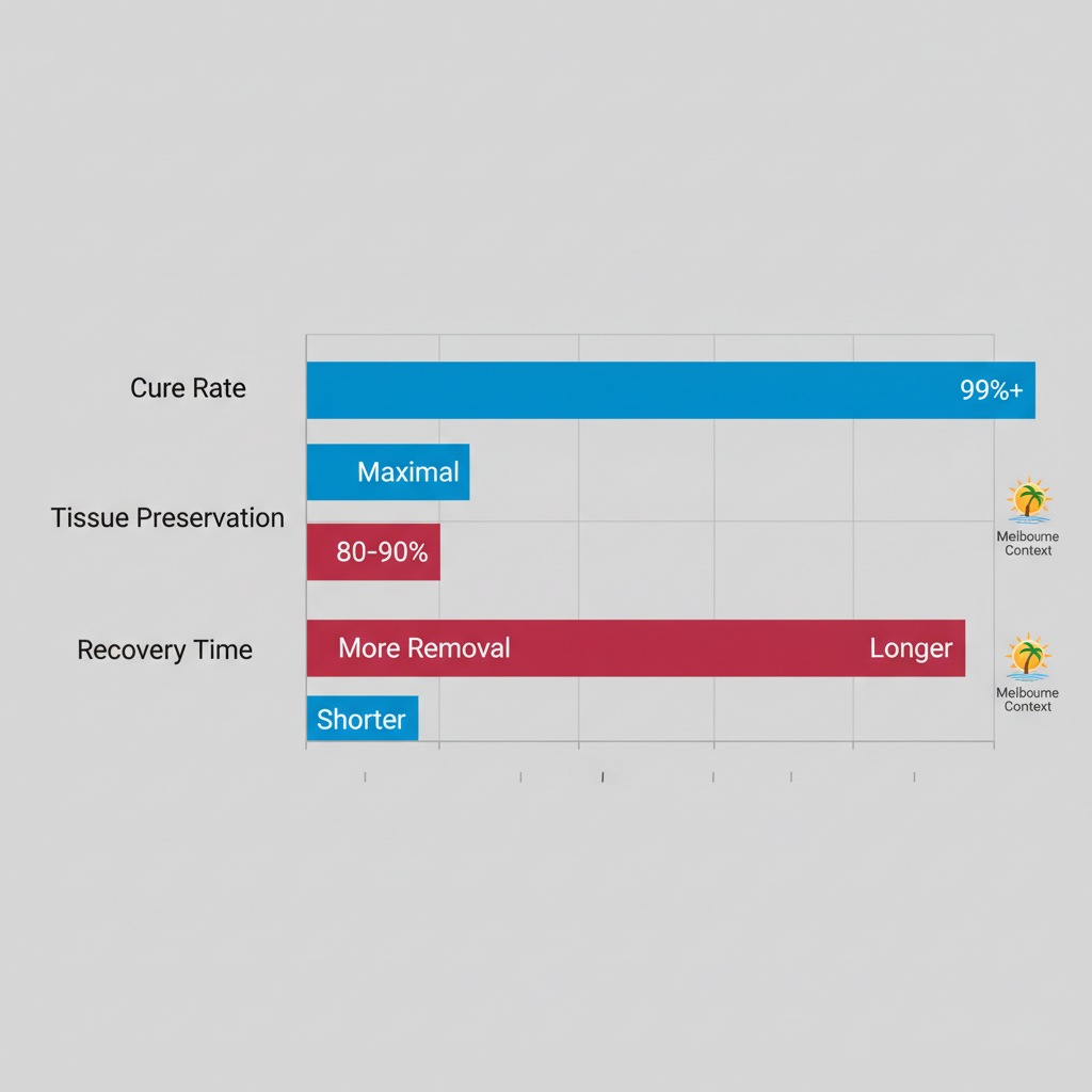 Horizontal bar chart comparing Mohs surgery and traditional excision effectiveness for skin cancer, highlighting cure rates, tissue preservation, and recovery times.