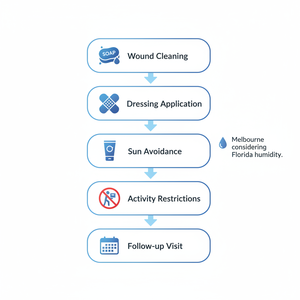 Vertical process flow diagram showing five steps for Mohs surgery recovery in Melbourne with icons for cleaning, dressing, sun avoidance, activity restrictions, and follow-up.