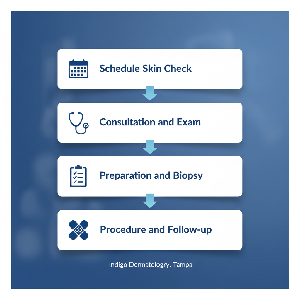 Vertical process flow diagram showing four steps for starting Mohs surgery: schedule skin check, consultation and exam, preparation and biopsy, procedure and follow-up with icons and blue arrows.