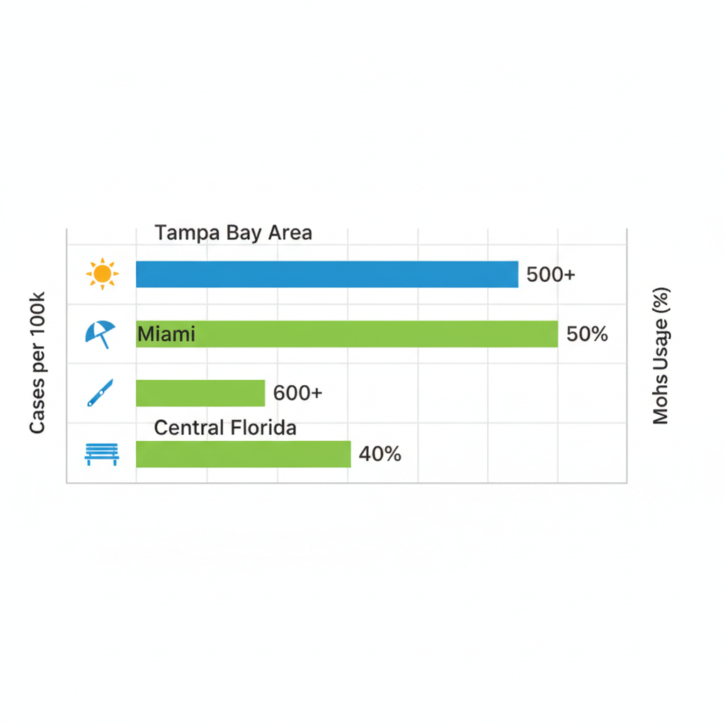 Horizontal bar chart comparing skin cancer incidence rates and Mohs surgery usage percentages across Tampa Bay Area, Miami, and Central Florida regions with representative icons.