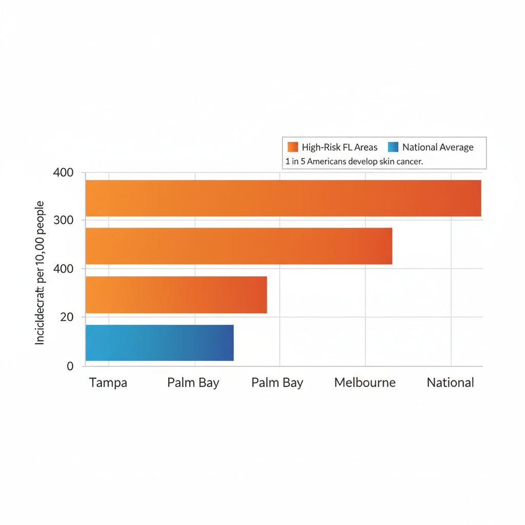 Horizontal bar chart comparing skin cancer incidence rates in Tampa, Palm Bay, Melbourne, and national average per 100,000 people
