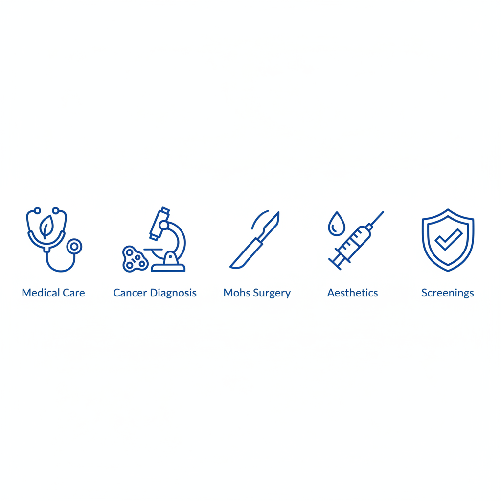 Grid of five icons representing dermatology services: medical care, cancer diagnosis, Mohs surgery, aesthetics, and screenings.