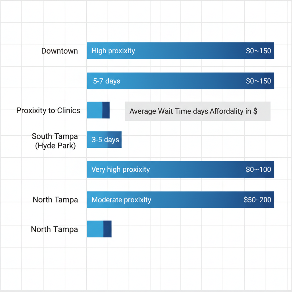 Bar chart comparing skin cancer screening access by proximity, wait time, and affordability in three Tampa areas: Downtown, South Tampa, and North Tampa.