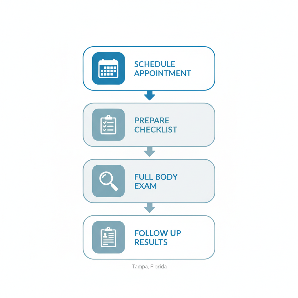 Vertical process flow diagram illustrating four steps for skin cancer screening in Tampa: scheduling appointment, preparation, examination, and follow-up with icons.