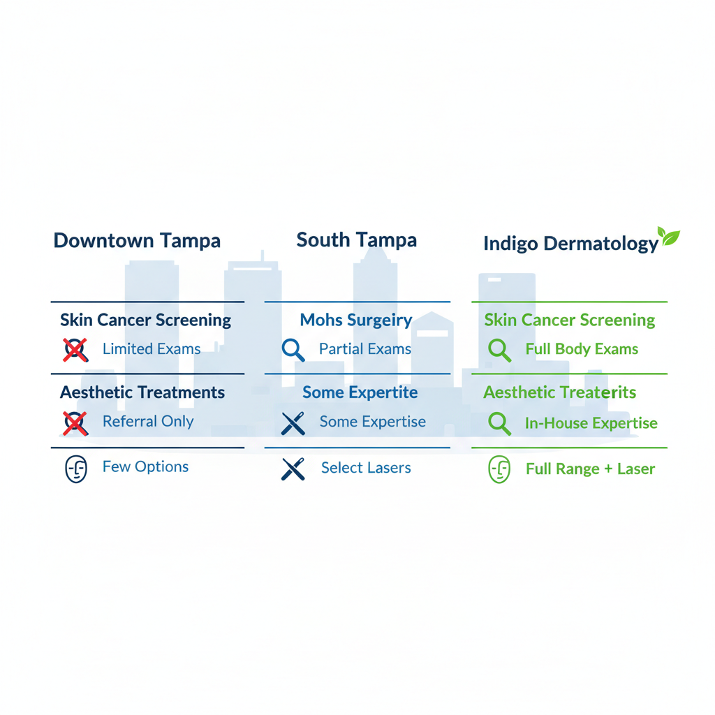 Infographic comparing dermatology services in Downtown Tampa, South Tampa, and Indigo Dermatology offerings.