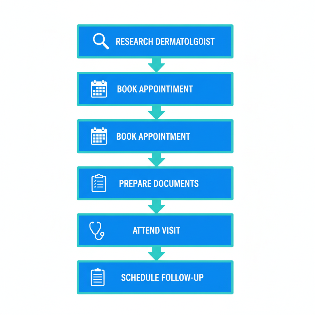 Vertical process flow diagram showing five steps to start dermatology care in Tampa: research, book, prepare, attend, and schedule follow-up.
