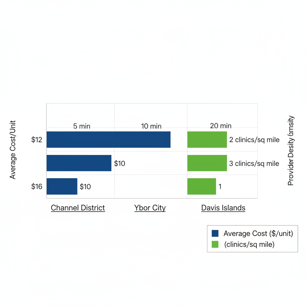 Bar chart comparing Botox costs and provider densities across Tampa neighborhoods including travel times