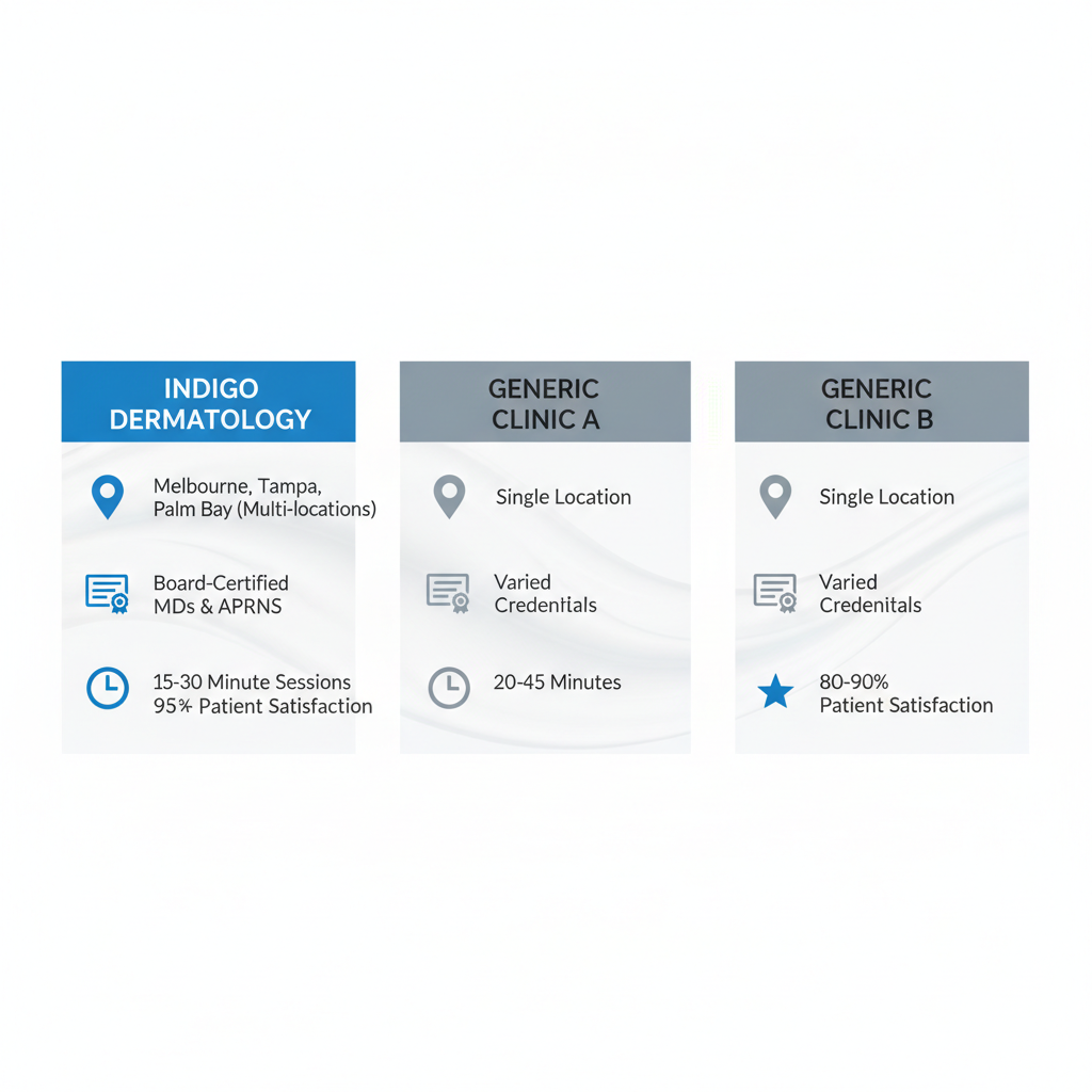 Infographic comparing Botox providers in central Florida, showcasing Indigo Dermatology's multi-location expertise and high satisfaction rates.