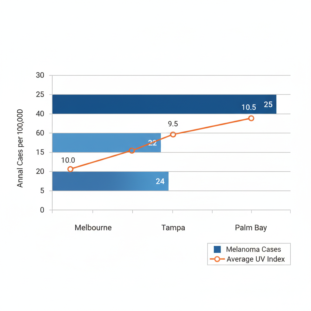 Horizontal bar chart comparing annual melanoma cases per 100,000 in Melbourne, Tampa, and Palm Bay, with orange UV index line overlay