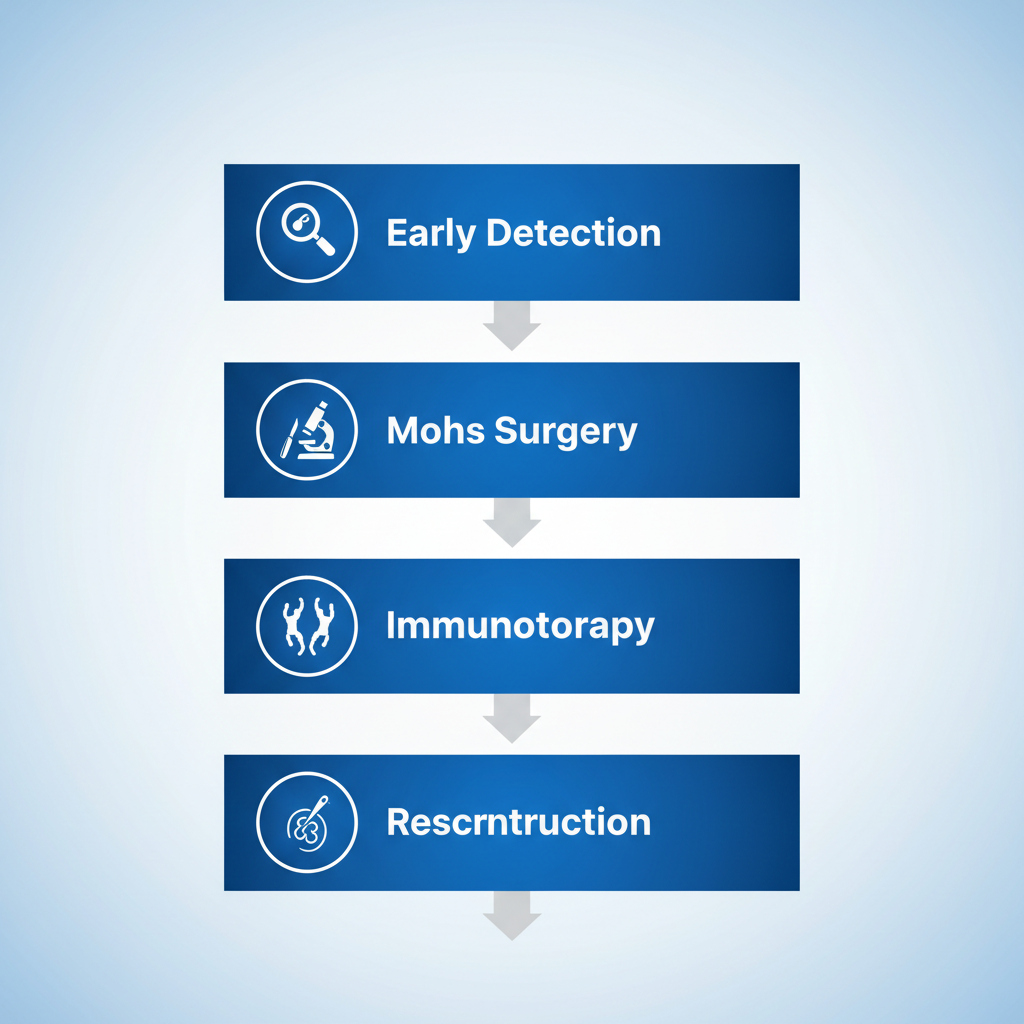 Vertical diagram illustrating four stages of melanoma treatment: early detection, Mohs surgery, immunotherapy, and reconstruction.