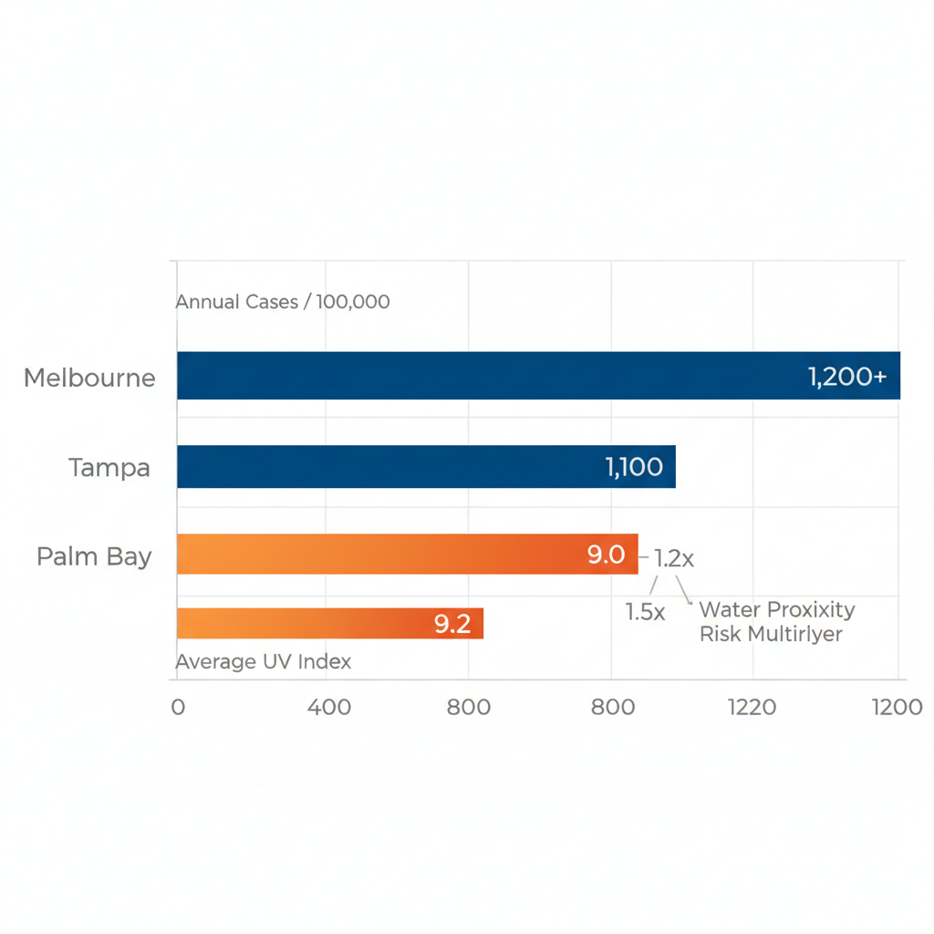 Horizontal bar chart comparing skin cancer incidence rates and UV index averages across Melbourne, Tampa, and Palm Bay in central Florida.