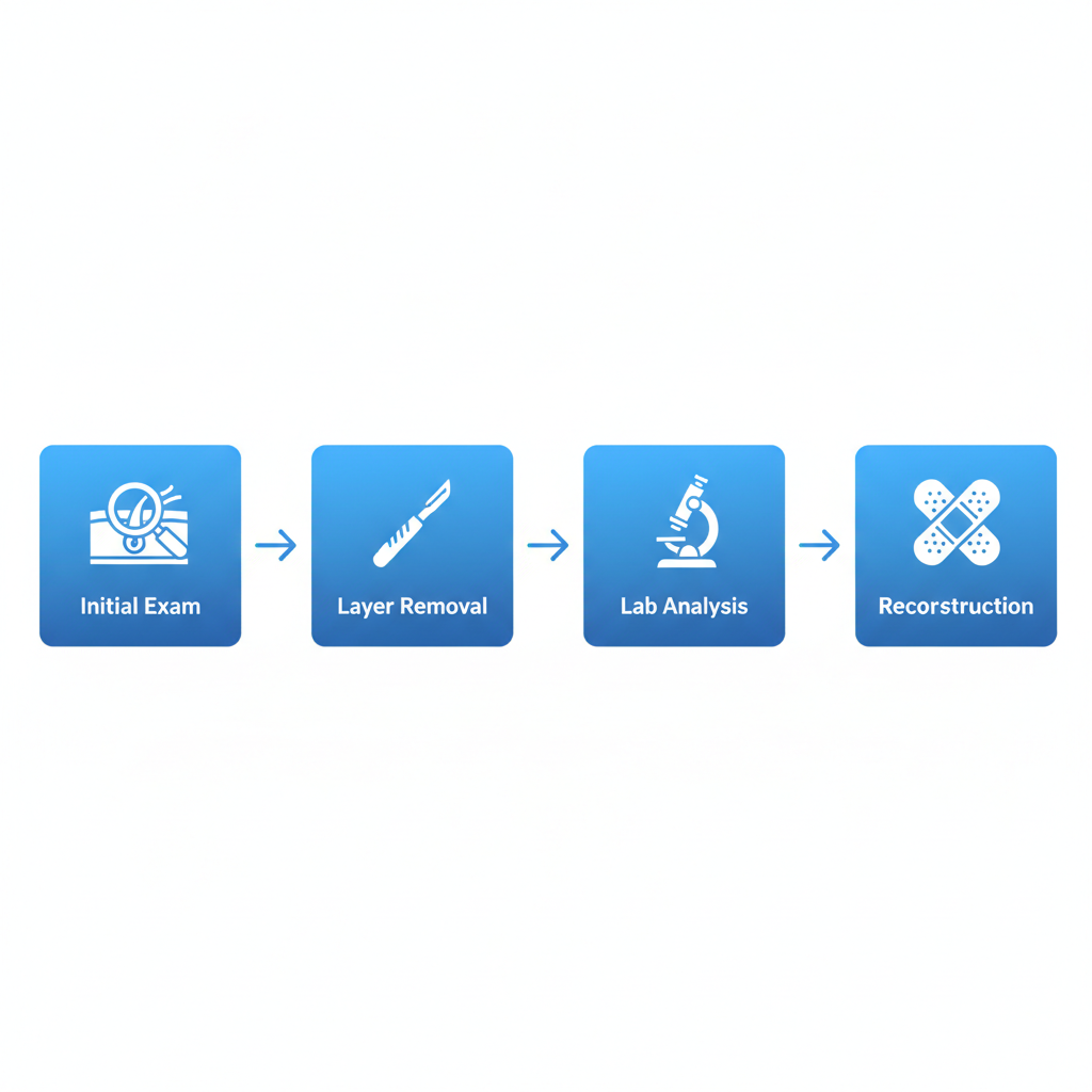 Horizontal process flow illustrating Mohs surgery steps for skin cancer treatment with icons and labels