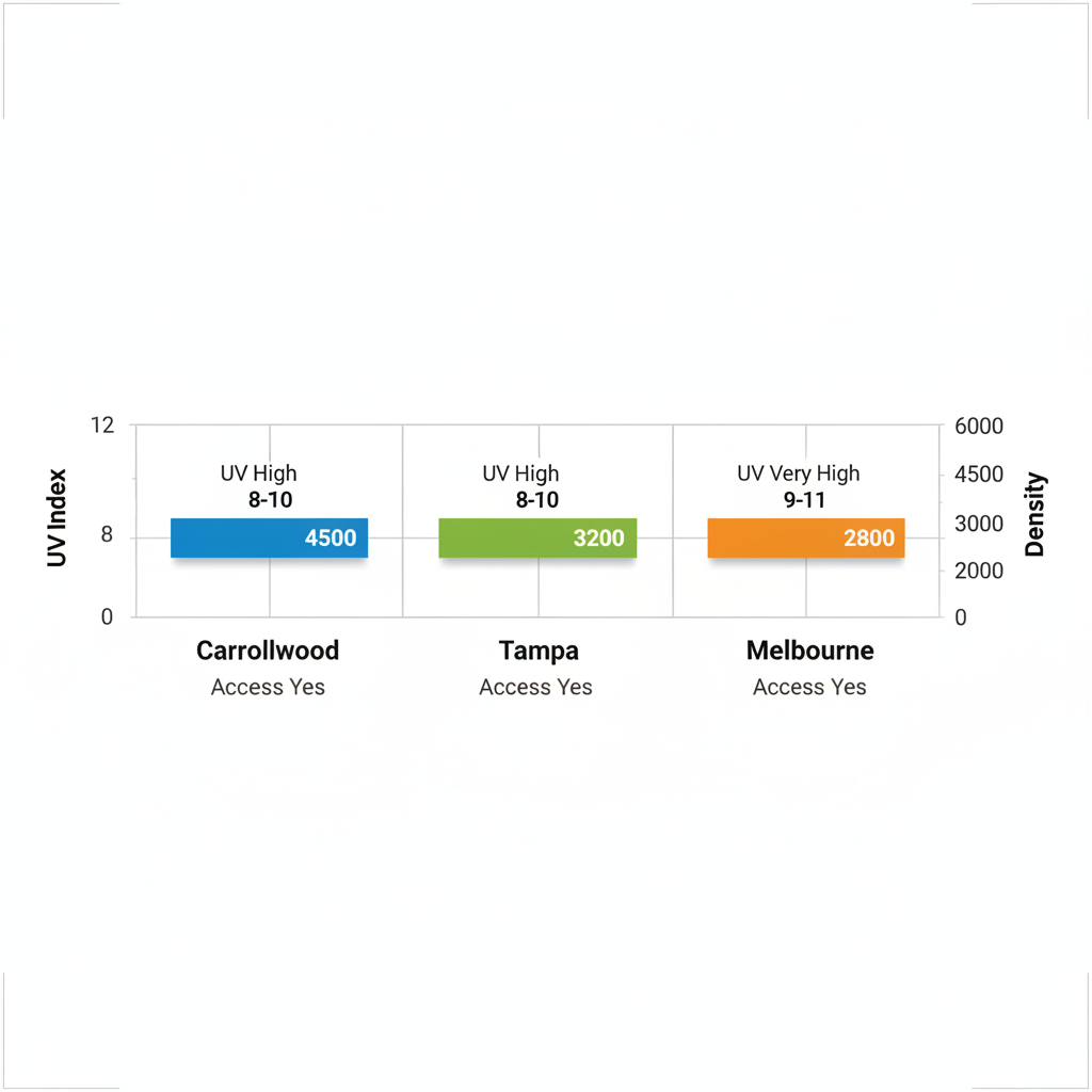 Horizontal bar chart comparing skin cancer risk factors including UV index, density, and access across Carrollwood, Tampa, and Melbourne in Central Florida