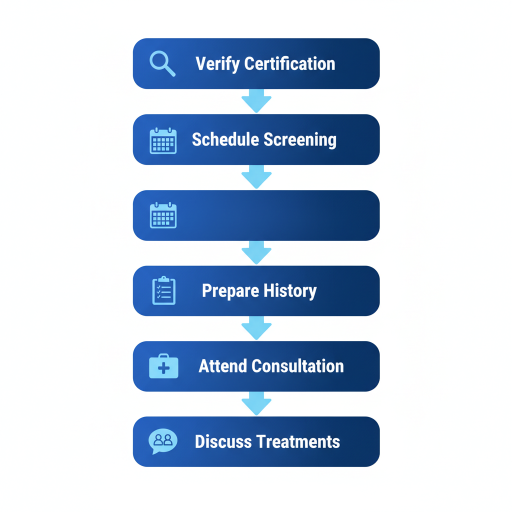 Vertical process flow diagram illustrating five steps to begin carcinoma treatment: verify certification, schedule screening, prepare history, attend consultation, and discuss treatments.