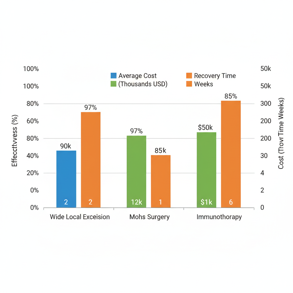 Horizontal bar chart comparing effectiveness, cost, and recovery time for three melanoma treatments in central Florida.