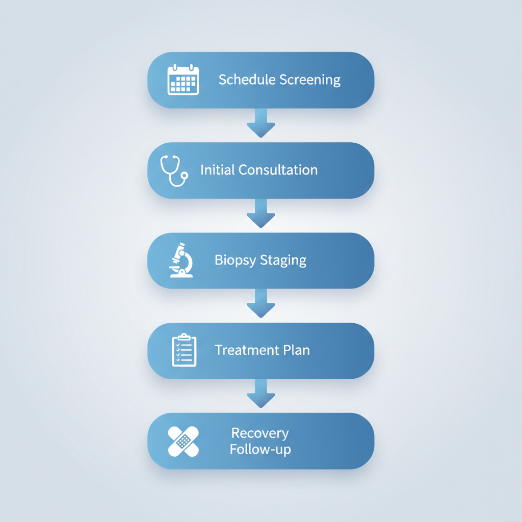 Vertical flowchart illustrating five sequential steps to begin melanoma treatment: screening, consultation, biopsy, planning, and recovery with medical icons.
