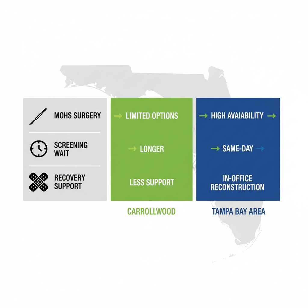Infographic comparing basal cell carcinoma treatment options in Carrollwood versus Tampa Bay area, highlighting specialization, wait times, and recovery support.