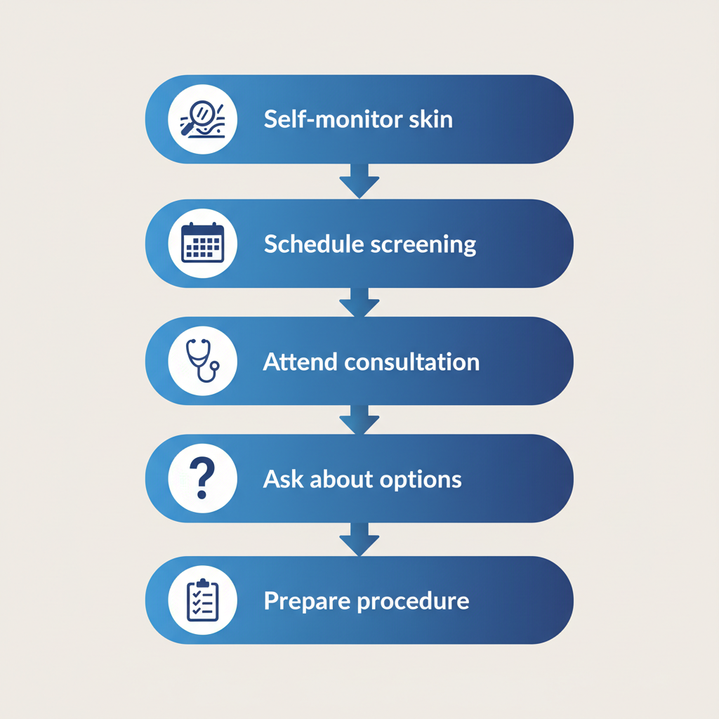 Vertical process flow diagram illustrating five steps to start basal cell treatment with medical icons
