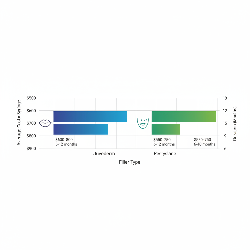 Horizontal bar chart comparing costs and durations of Juvederm and Restylane dermal fillers in Florida with icons for primary uses.