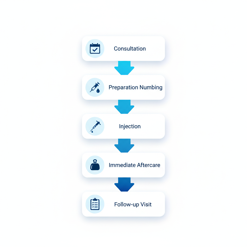 Vertical process flow diagram illustrating the five steps of dermal filler treatment: consultation, preparation and numbing, injection, immediate aftercare, and follow-up with relevant icons.