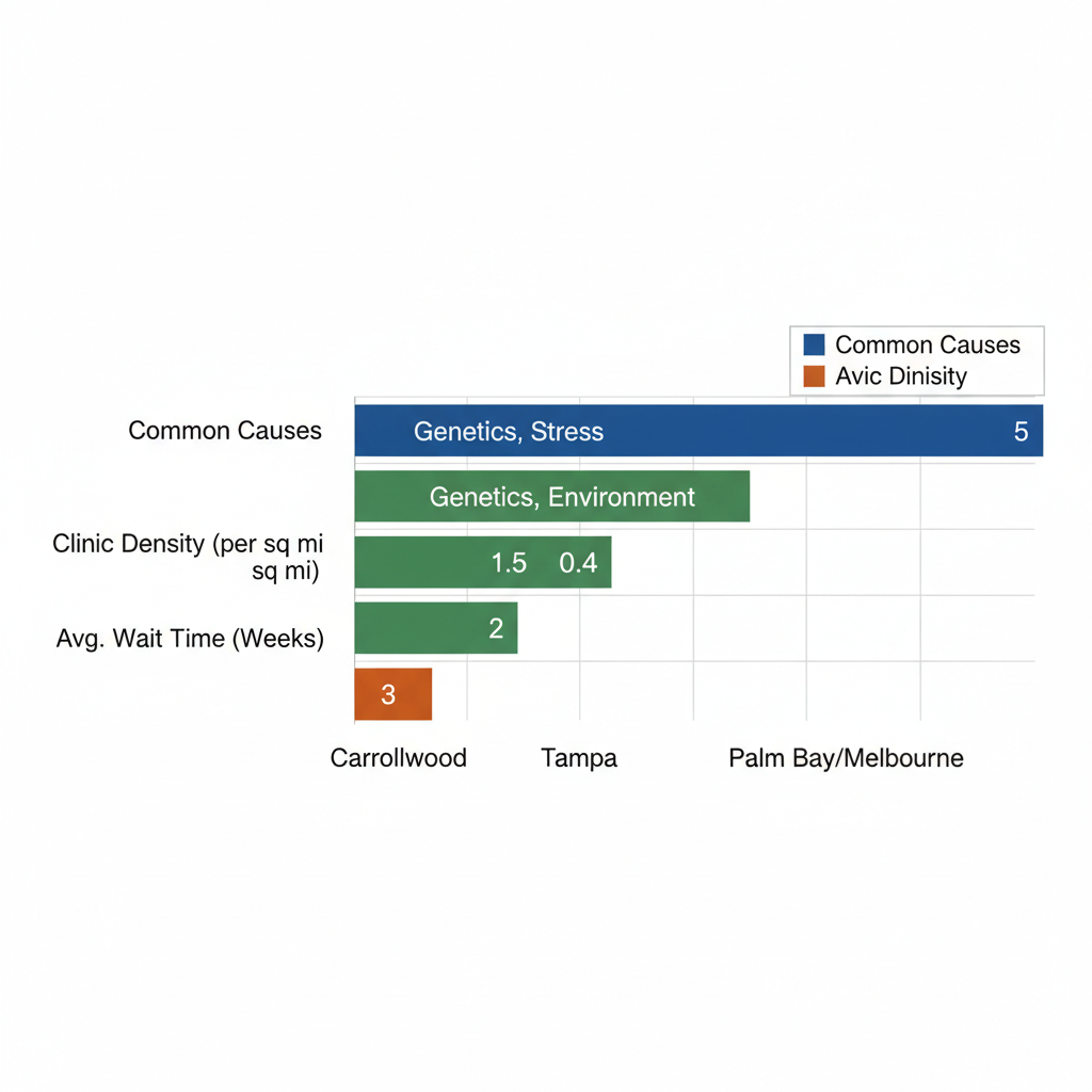 Horizontal bar chart comparing hair loss causes, clinic density, and consultation wait times across Carrollwood, Tampa, and Palm Bay/Melbourne areas.