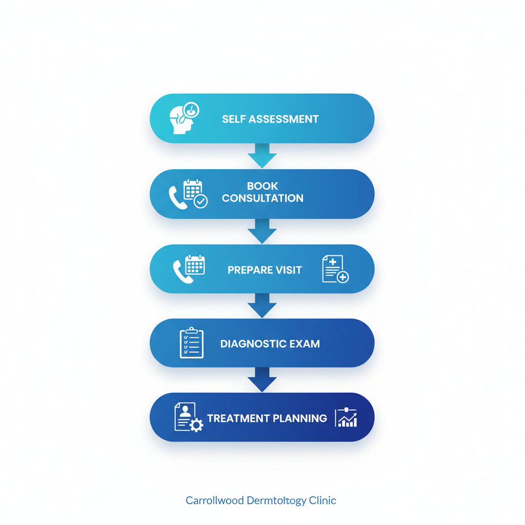 Vertical process flow diagram showing five steps to address hair loss: self-assessment, booking consultation, preparing for visit, diagnostic exam, and treatment planning with relevant icons.