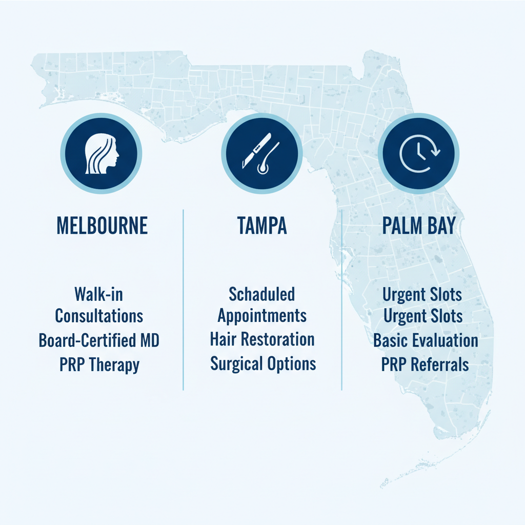 Infographic showing comparison of hair loss services in Melbourne, Tampa, and Palm Bay locations of Indigo Dermatology