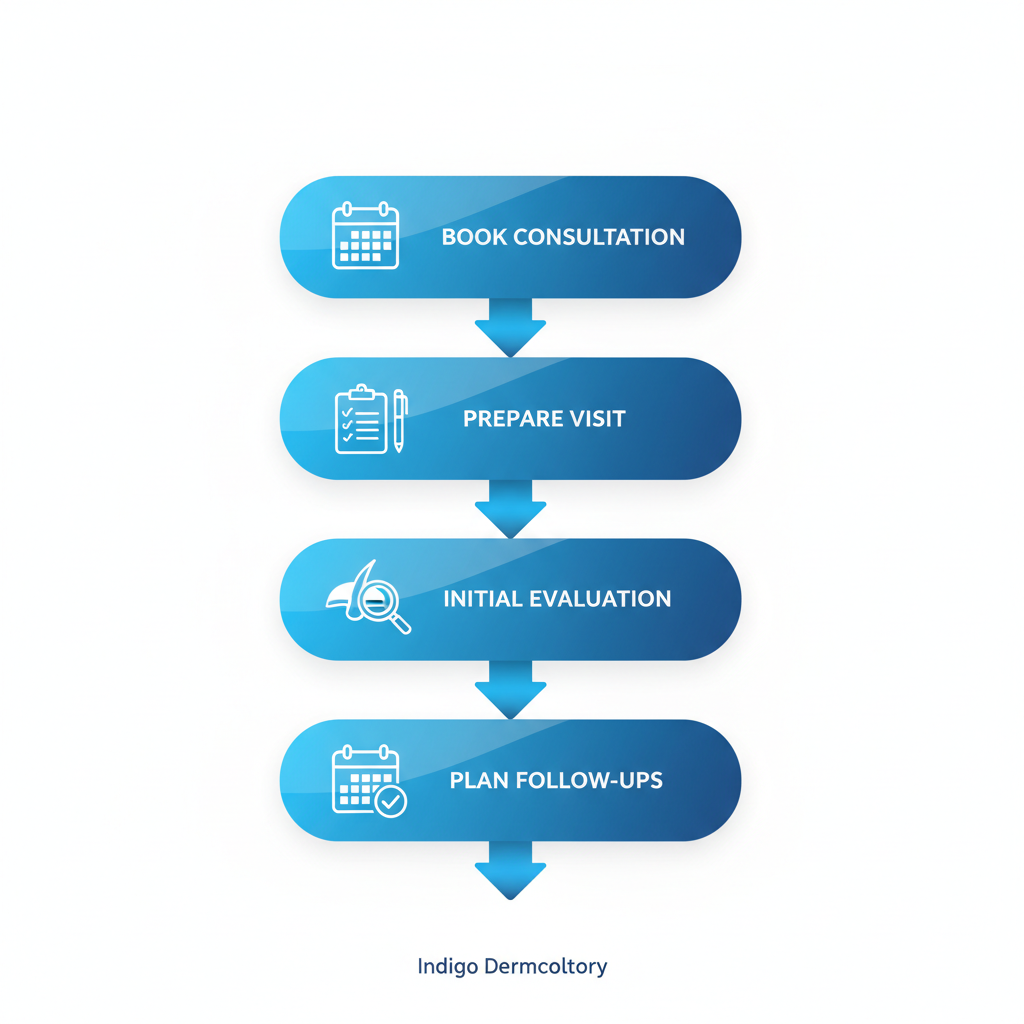 Vertical diagram illustrating the four key steps to begin hair restoration treatment at Indigo Dermatology.