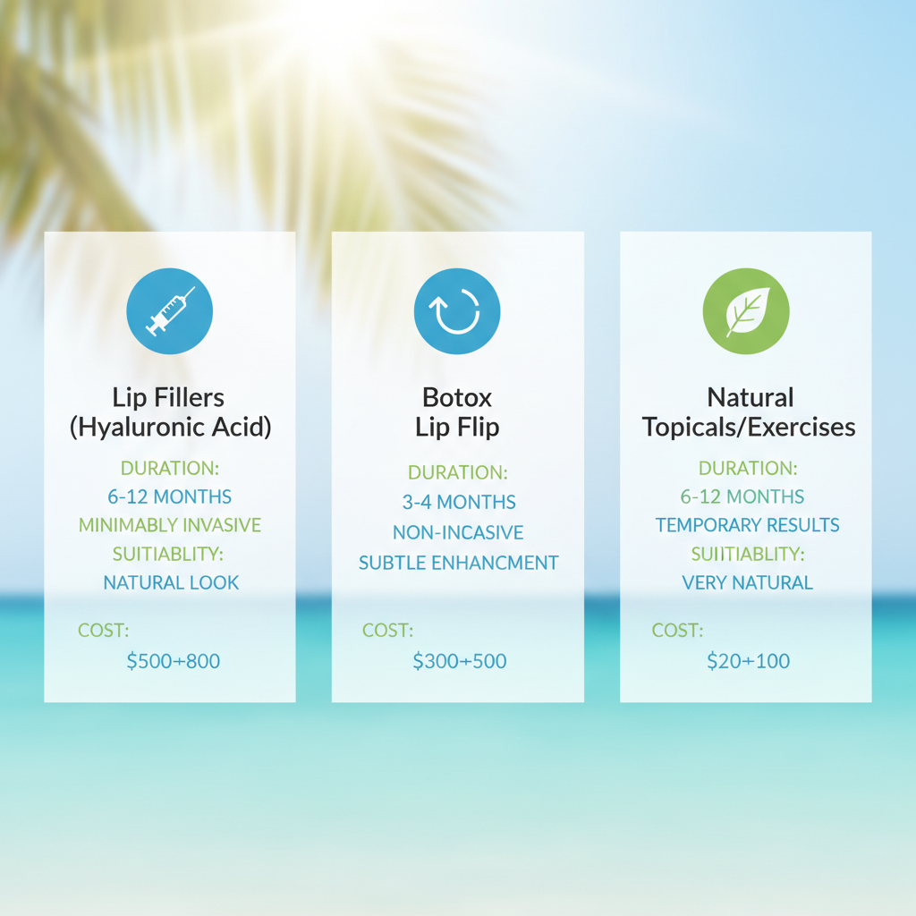 Infographic comparing lip enhancement options: fillers, Botox flip, and natural methods in Harbour Island.