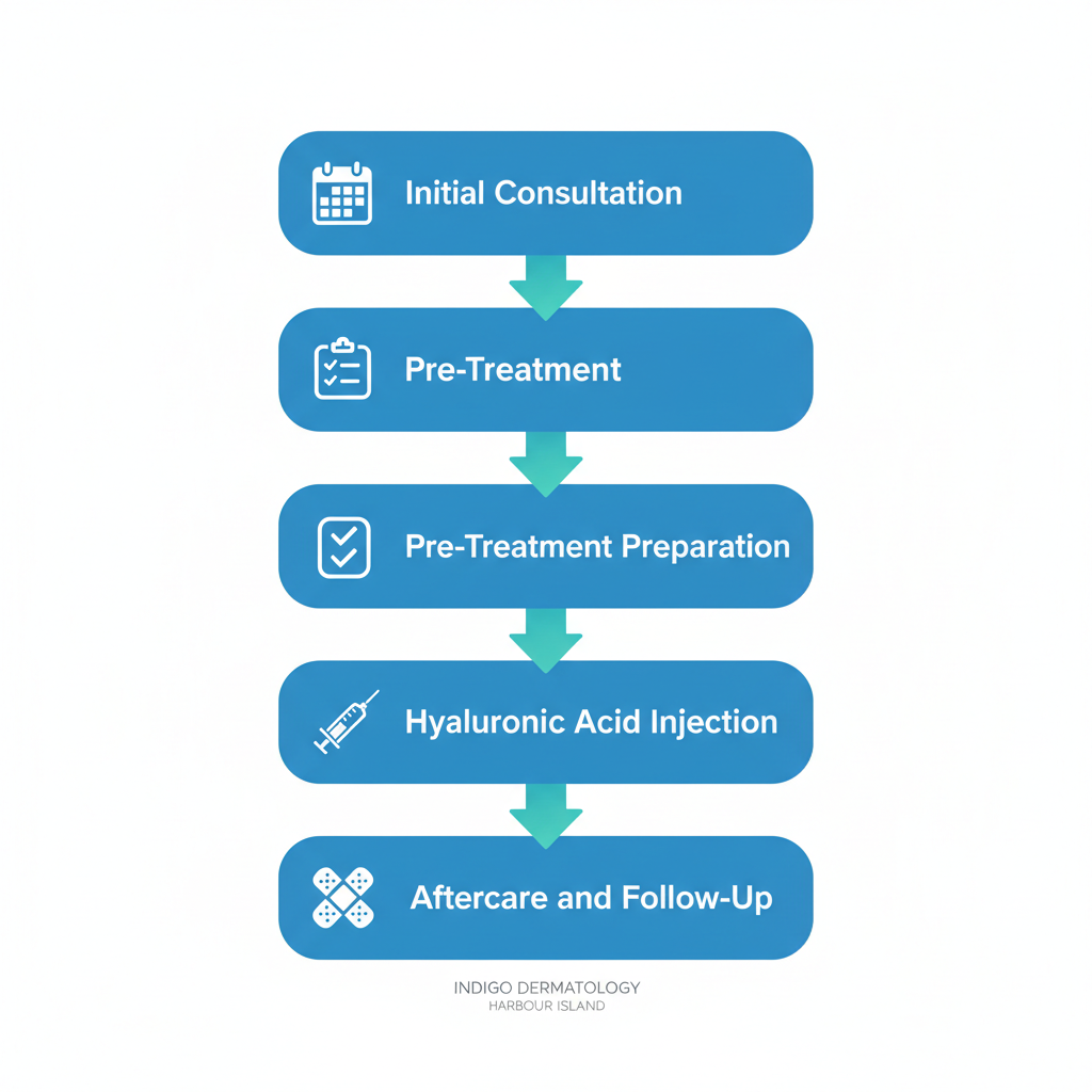 Vertical process flow illustrating the four main steps of lip filler treatment at a dermatology clinic.