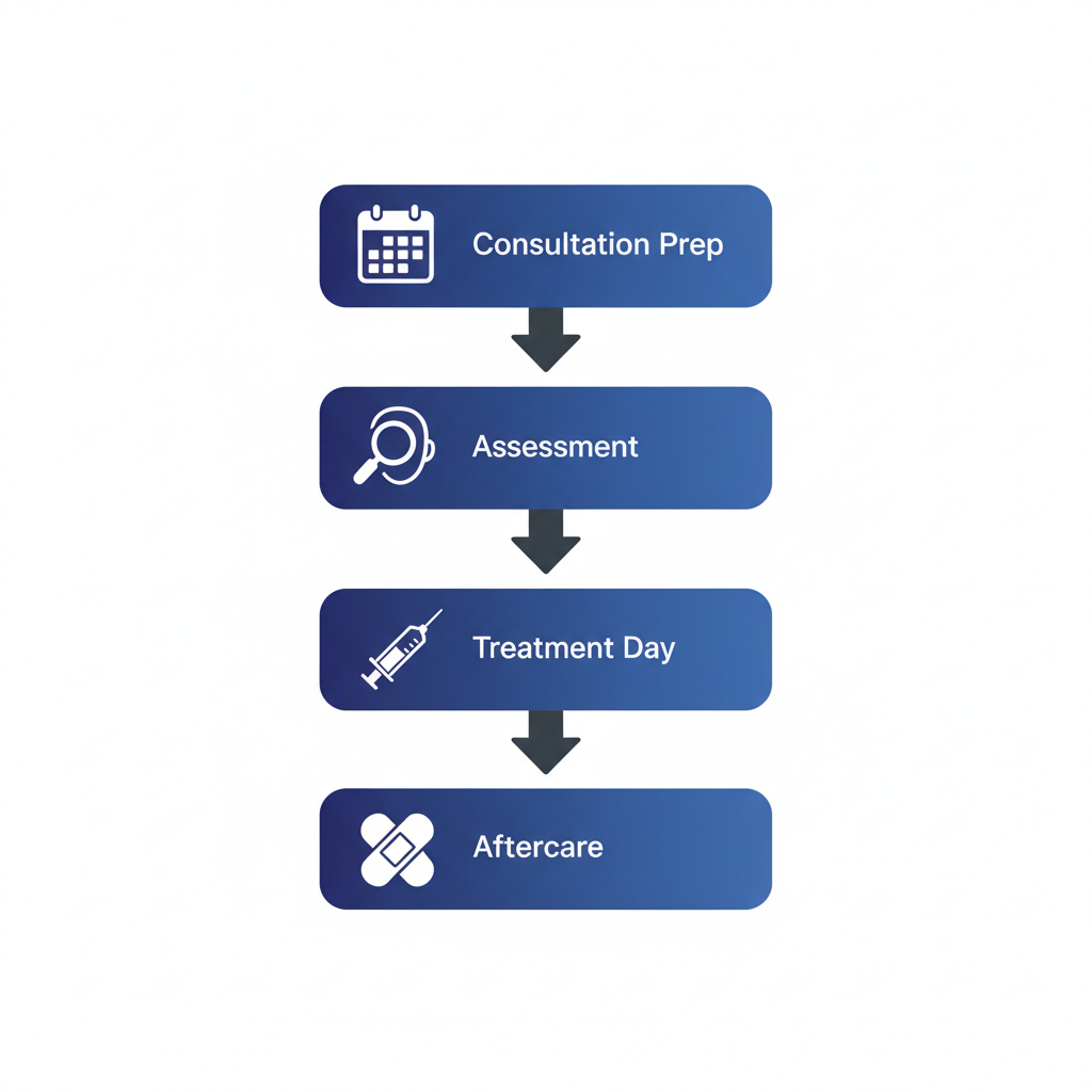 Vertical process flow diagram illustrating the four key stages of lip filler treatments: consultation preparation, assessment, treatment day, and aftercare.