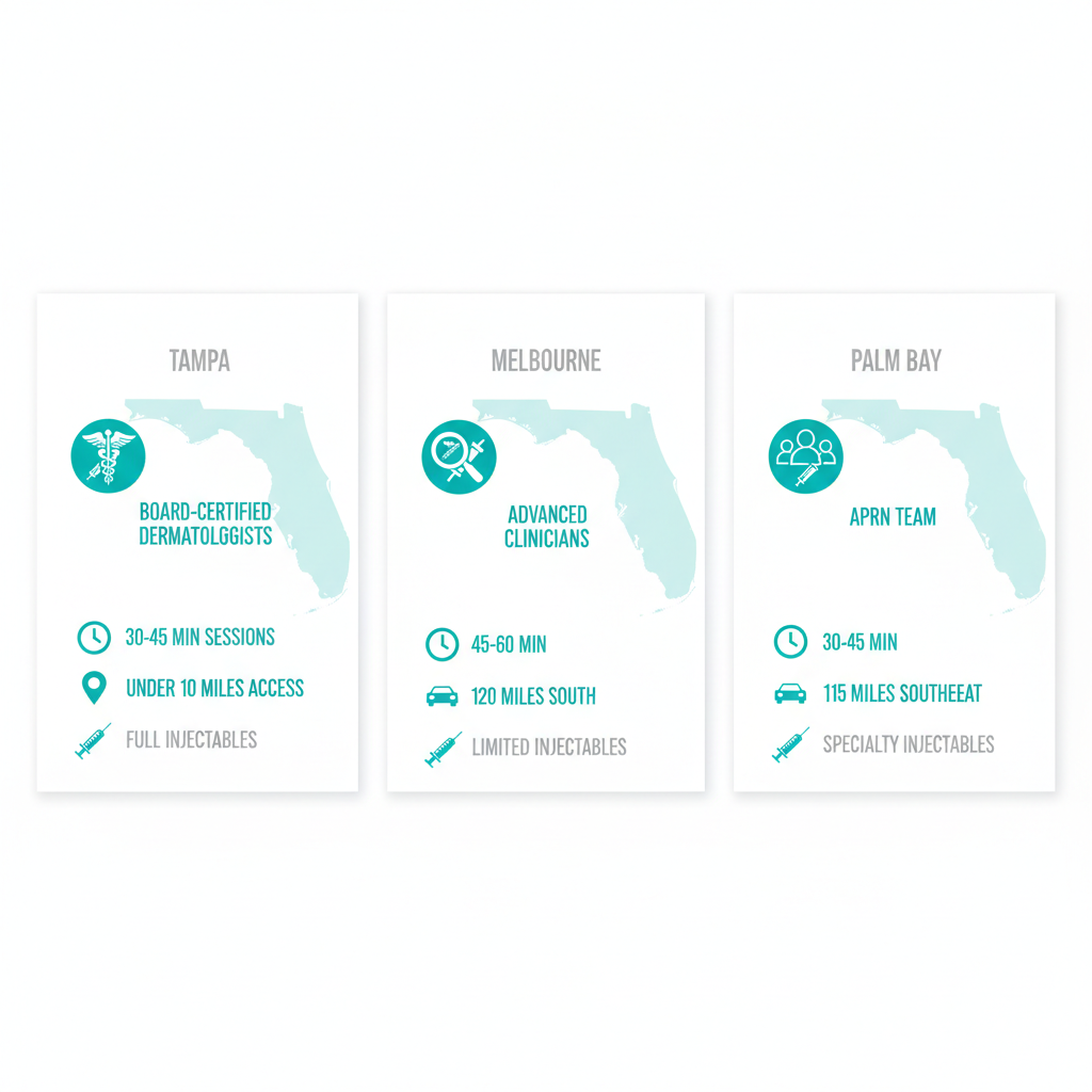 Infographic comparing lip filler services in Tampa, Melbourne, and Palm Bay areas of central Florida