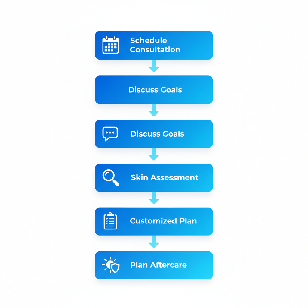 Visual diagram illustrating the five sequential steps to start Botox or dermal filler treatments at a dermatology clinic
