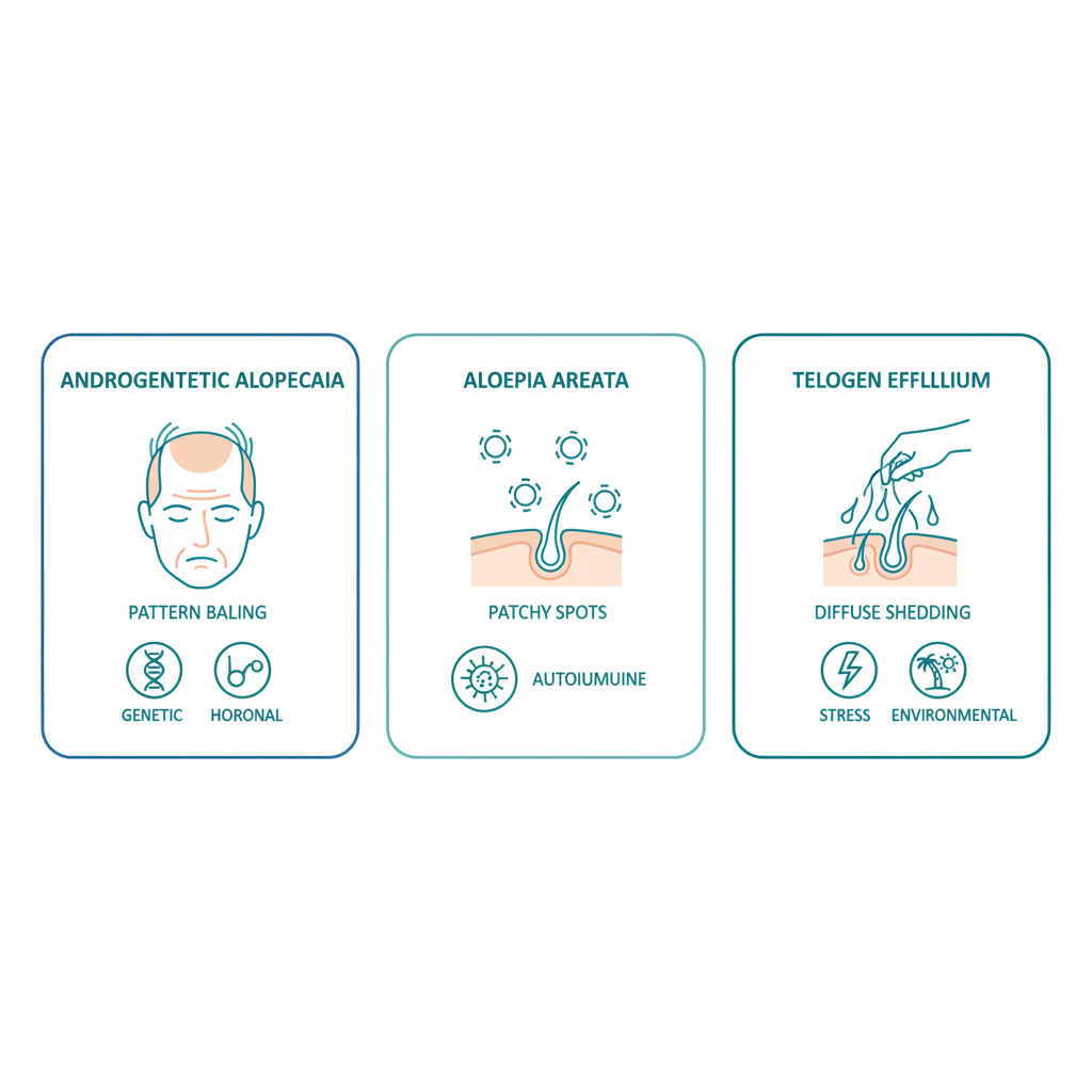 Infographic illustrating three main types of hair loss: androgenetic alopecia, alopecia areata, and telogen effluvium with brief causes relevant to Florida.