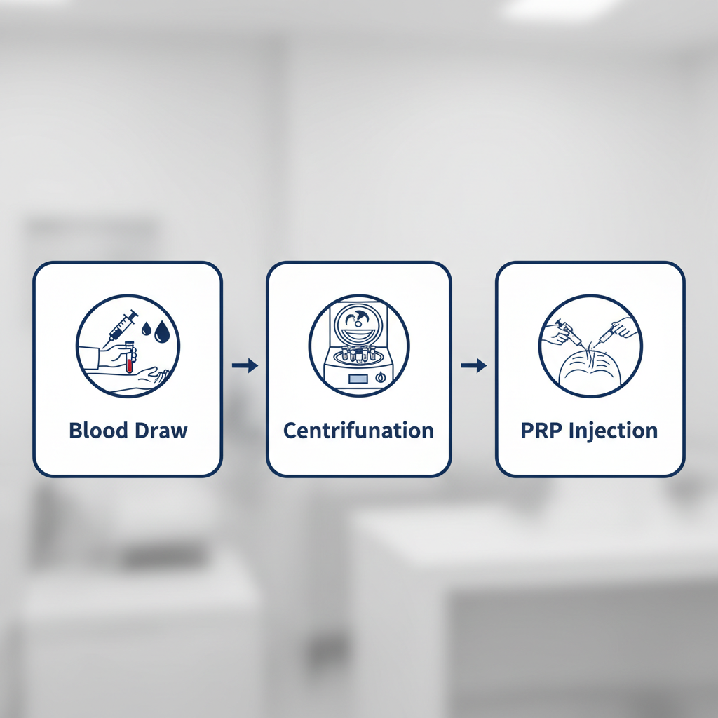 Illustrated horizontal process flow diagram of PRP hair loss treatment with three stages: blood collection, centrifugation, and scalp injection.