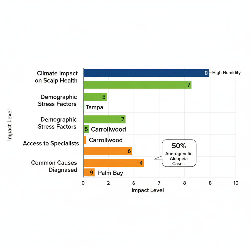 Bar chart comparing hair loss factors across Carrollwood, Tampa, and Palm Bay regions in central Florida