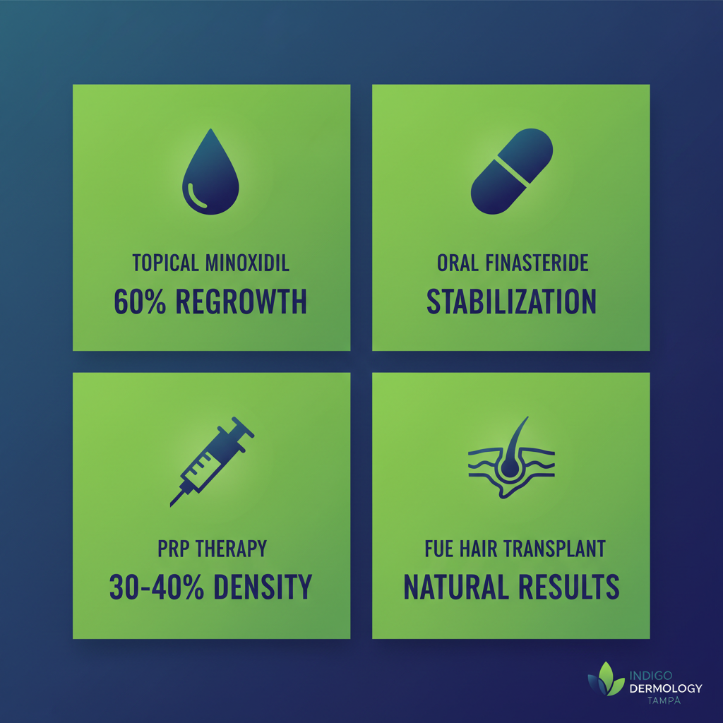 Infographic illustrating four key hair loss treatments with icons and efficacy data for Tampa patients