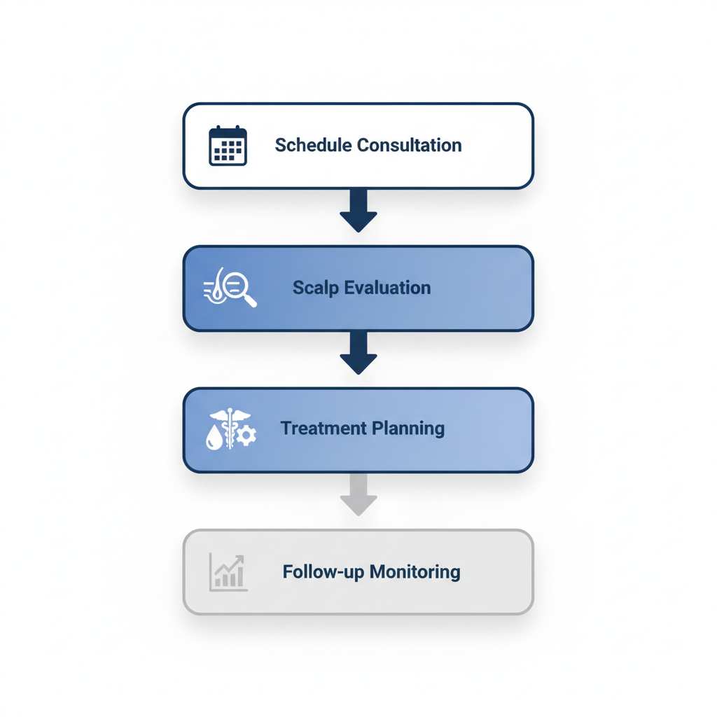 Vertical process flow diagram showing five steps for beginning hair restoration treatment, including consultation, evaluation, planning, therapy start, and follow-up.